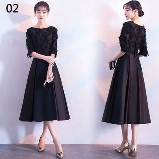 Short-Sleeve Lace Midi A-Line Evening Dress