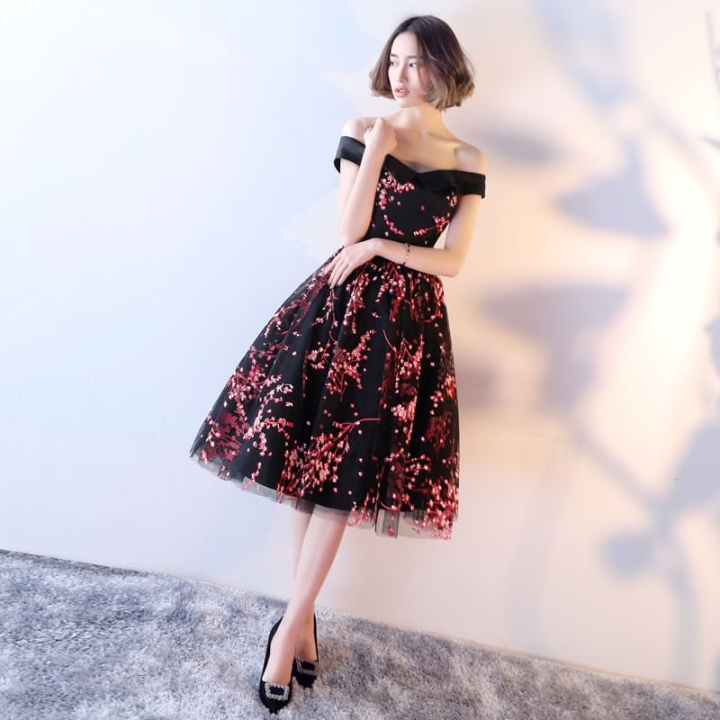 Off Shoulder Print Mesh Midi A-Line Evening Dress