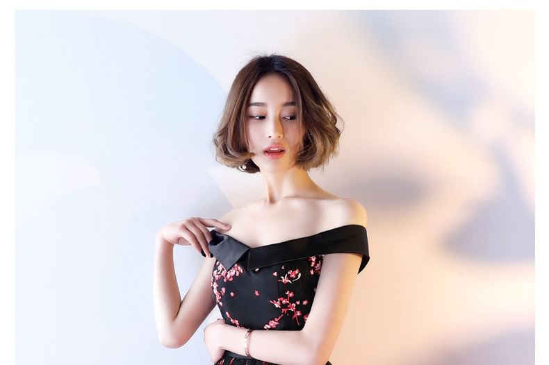 Off Shoulder Print Mesh Midi A-Line Evening Dress