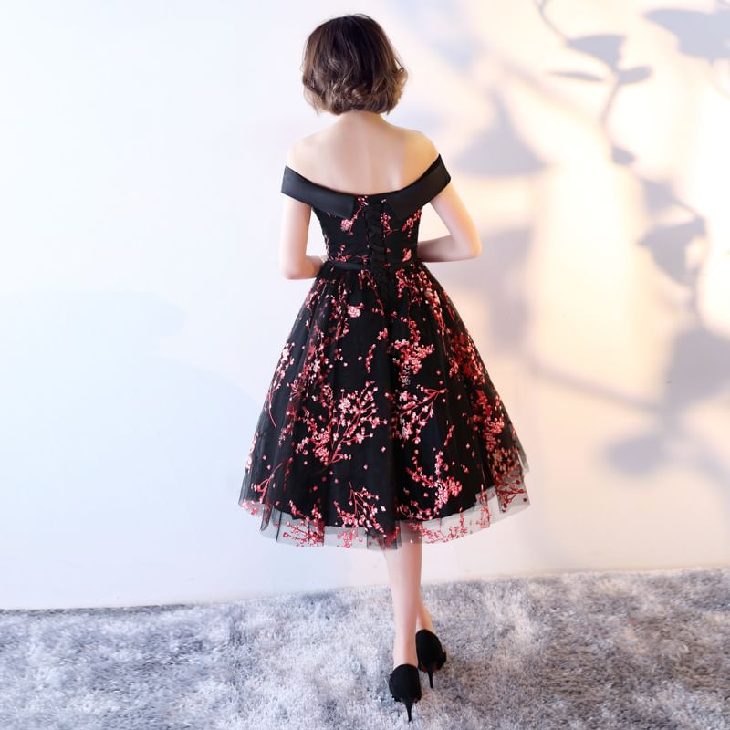 Off Shoulder Print Mesh Midi A-Line Evening Dress