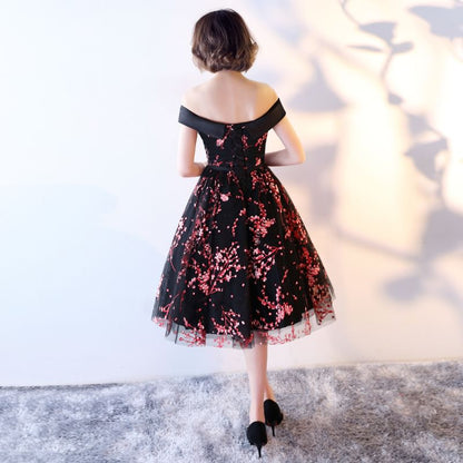 Off Shoulder Print Mesh Midi A-Line Evening Dress