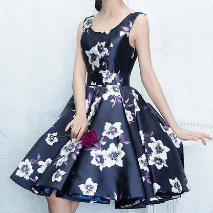 Sleeveless Square Neck Floral Print A-Line Evening Dress