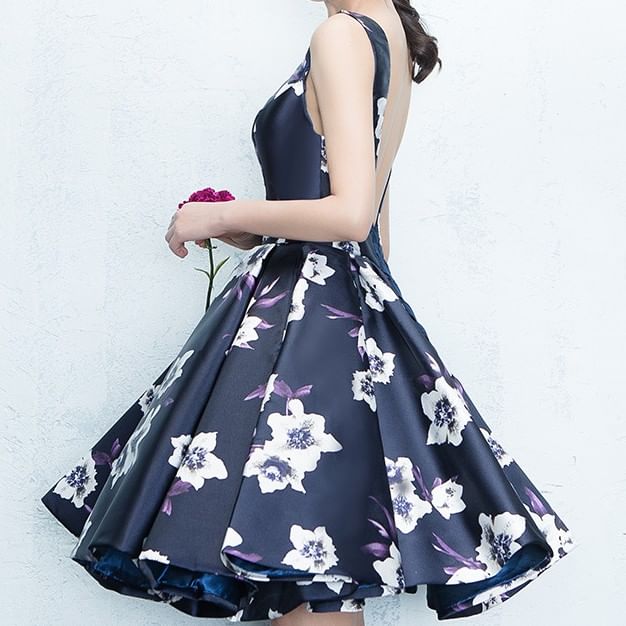 Sleeveless Square Neck Floral Print A-Line Evening Dress