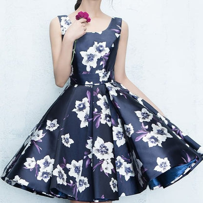 Sleeveless Square Neck Floral Print A-Line Evening Dress