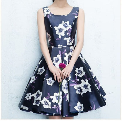Sleeveless Square Neck Floral Print A-Line Evening Dress