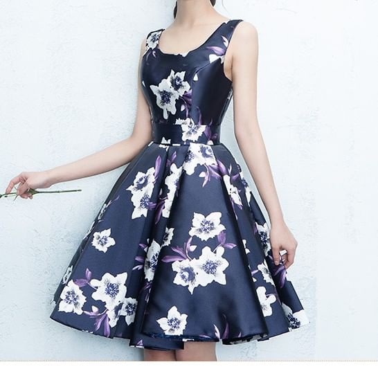 Sleeveless Square Neck Floral Print A-Line Evening Dress
