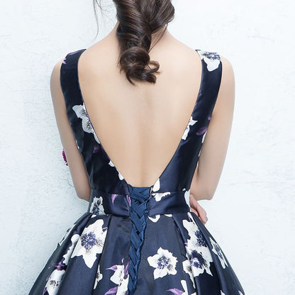 Sleeveless Square Neck Floral Print A-Line Evening Dress