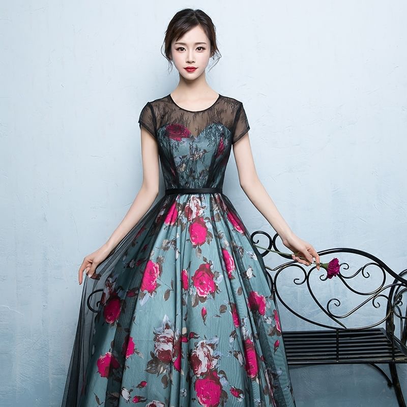 Short-Sleeve Floral Print A-Line Evening Gown