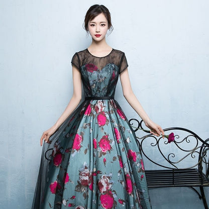 Short-Sleeve Floral Print A-Line Evening Gown