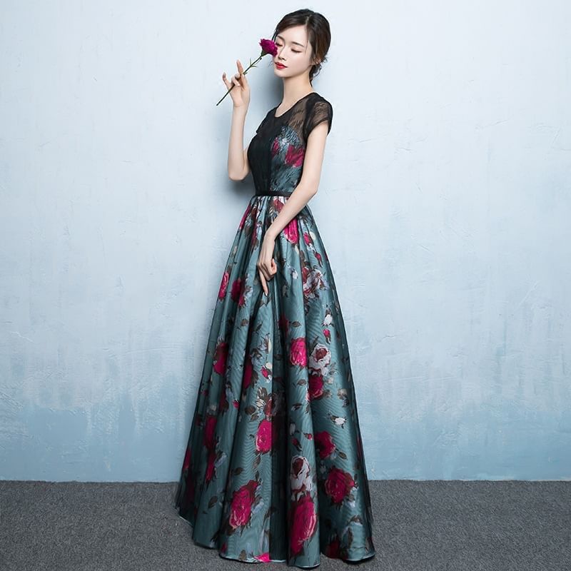 Short-Sleeve Floral Print A-Line Evening Gown