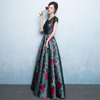 Short-Sleeve Floral Print A-Line Evening Gown