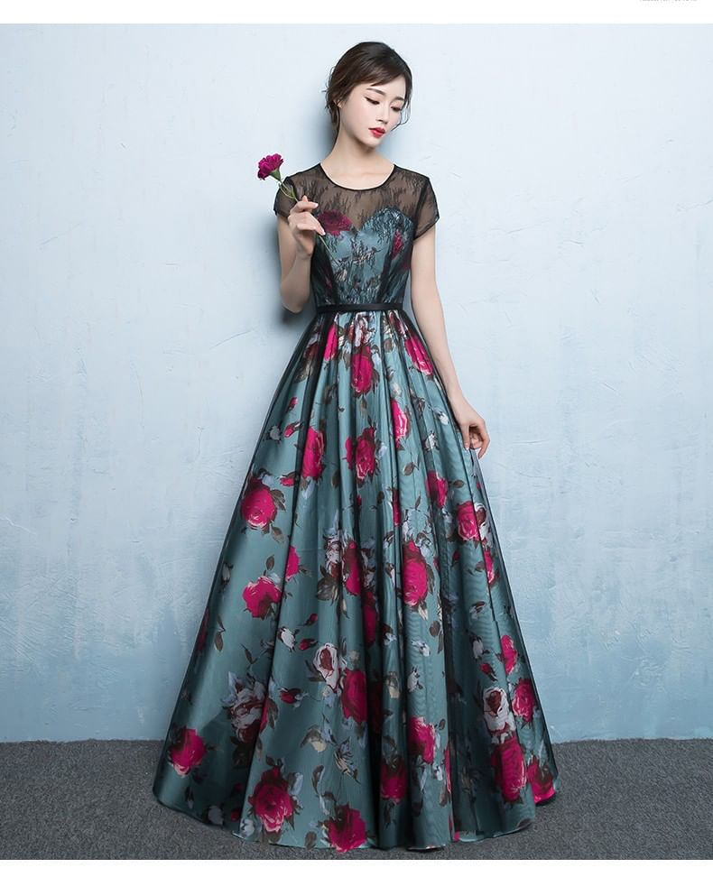 Short-Sleeve Floral Print A-Line Evening Gown