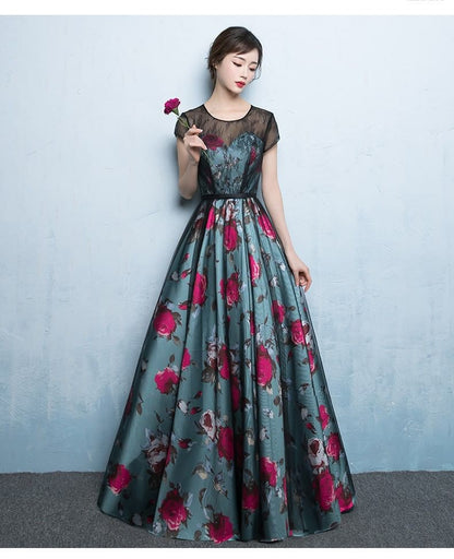 Short-Sleeve Floral Print A-Line Evening Gown