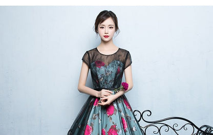 Short-Sleeve Floral Print A-Line Evening Gown