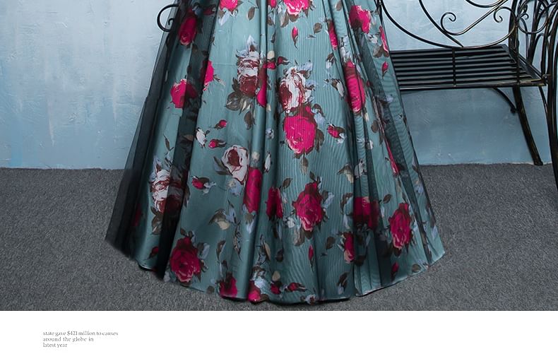 Short-Sleeve Floral Print A-Line Evening Gown