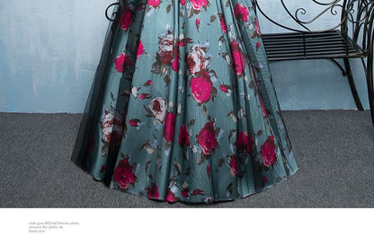Short-Sleeve Floral Print A-Line Evening Gown