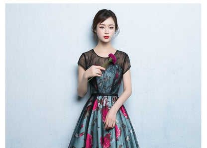 Short-Sleeve Floral Print A-Line Evening Gown