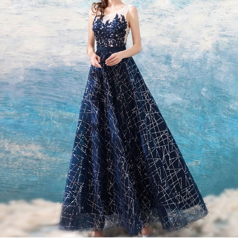 Sleeveless Glitter A-Line Evening Gown