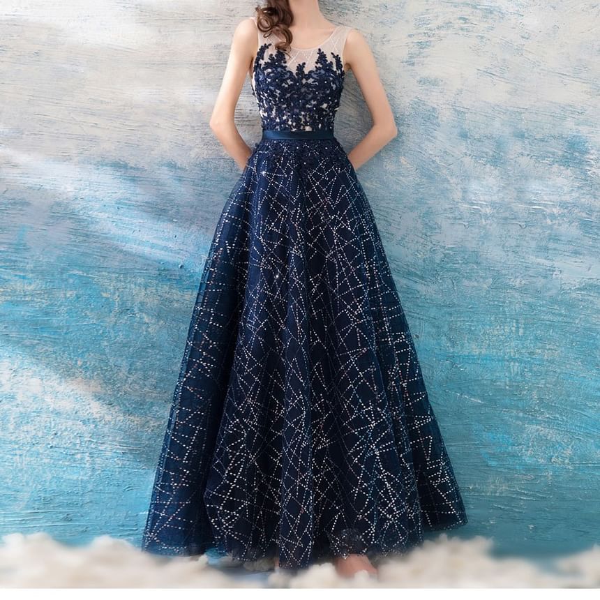 Sleeveless Glitter A-Line Evening Gown