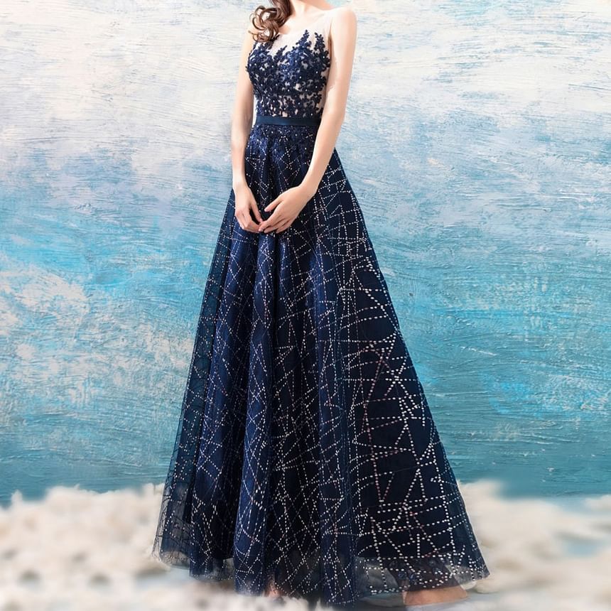 Sleeveless Glitter A-Line Evening Gown