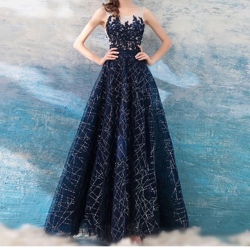 Sleeveless Glitter A-Line Evening Gown