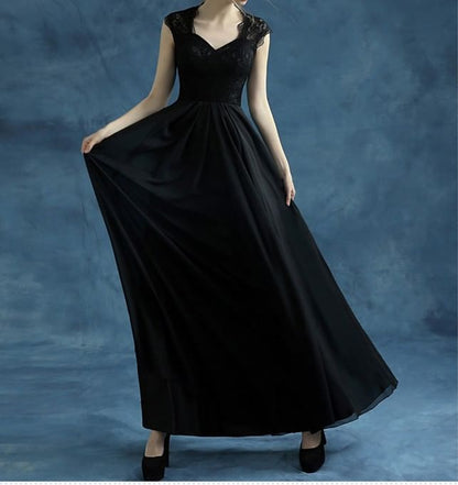 Cap-Sleeve V-Neck Lace A-Line Evening Gown