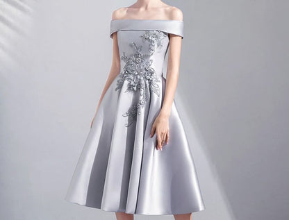 Off Shoulder Embroidered Midi A-Line Evening Dress