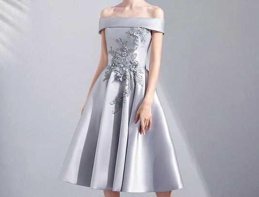 Off Shoulder Embroidered Midi A-Line Evening Dress