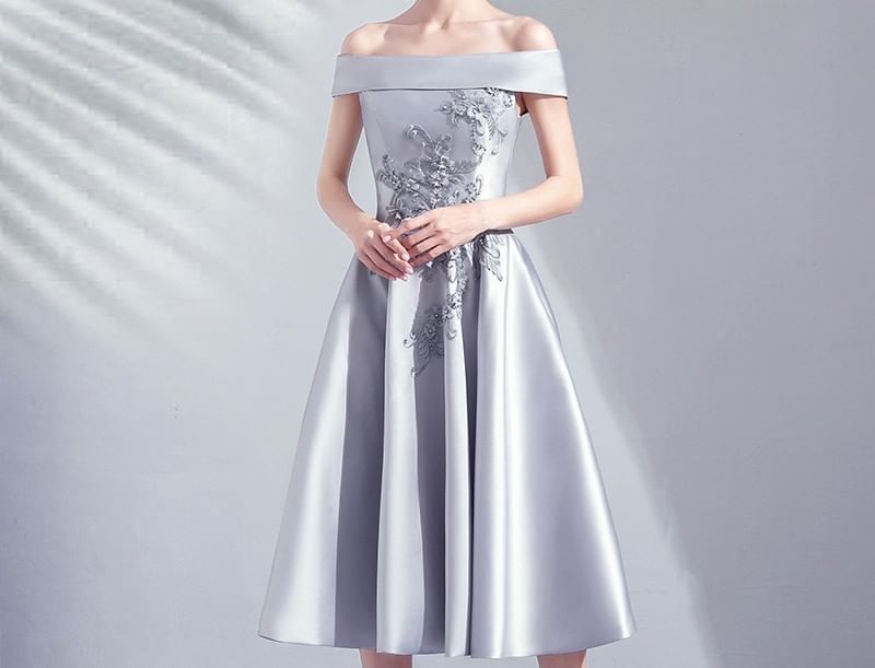 Off Shoulder Embroidered Midi A-Line Evening Dress