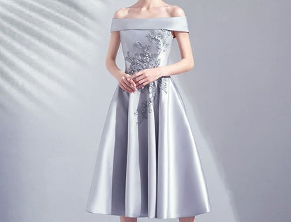 Off Shoulder Embroidered Midi A-Line Evening Dress