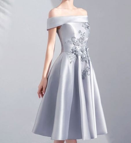 Off Shoulder Embroidered Midi A-Line Evening Dress