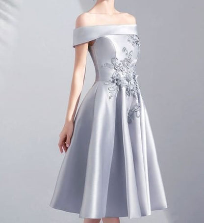 Off Shoulder Embroidered Midi A-Line Evening Dress