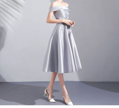 Off Shoulder Embroidered Midi A-Line Evening Dress