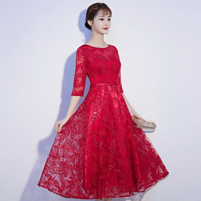 Elbow-Sleeve Crewneck Lace A-Line Evening Gown