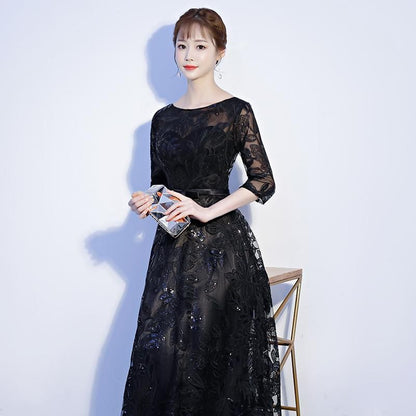 Elbow-Sleeve Crewneck Lace A-Line Evening Gown