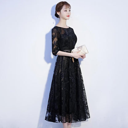 Elbow-Sleeve Crewneck Lace A-Line Evening Gown