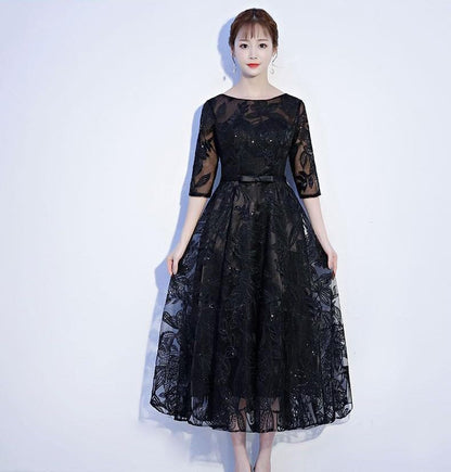 Elbow-Sleeve Crewneck Lace A-Line Evening Gown