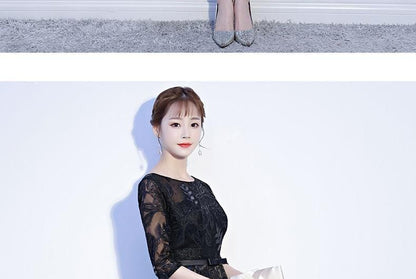 Elbow-Sleeve Crewneck Lace A-Line Evening Gown