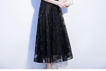 Elbow-Sleeve Crewneck Lace A-Line Evening Gown