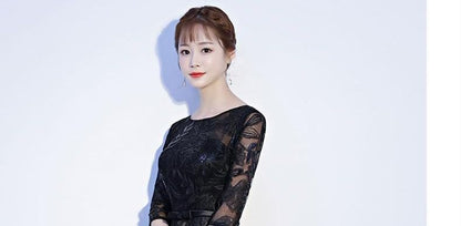 Elbow-Sleeve Crewneck Lace A-Line Evening Gown