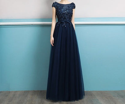Short-Sleeve Sequin A-Line Evening Gown