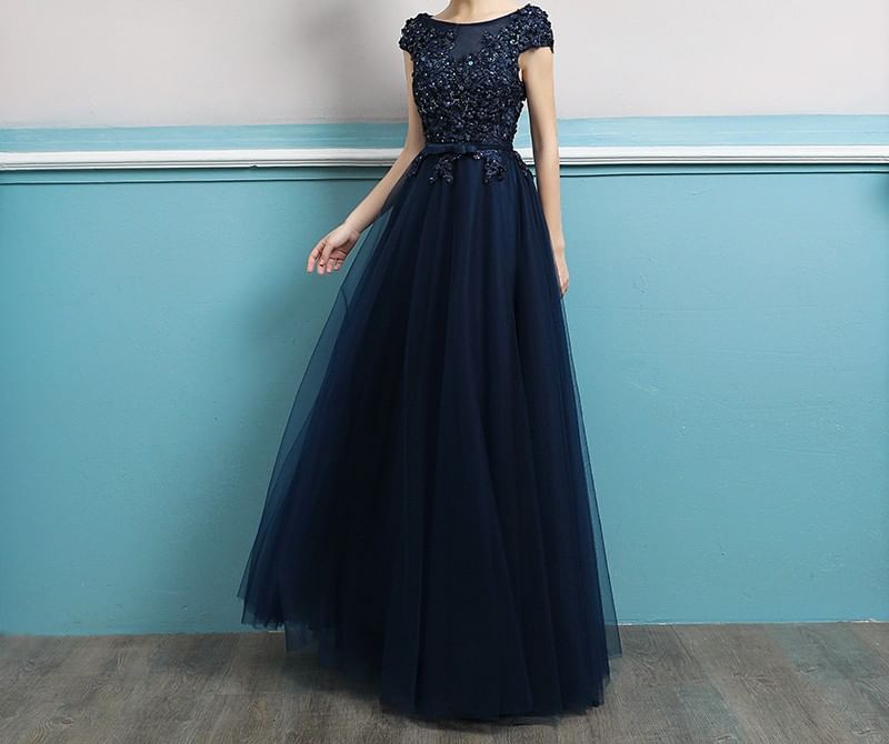 Short-Sleeve Sequin A-Line Evening Gown