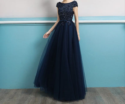 Short-Sleeve Sequin A-Line Evening Gown
