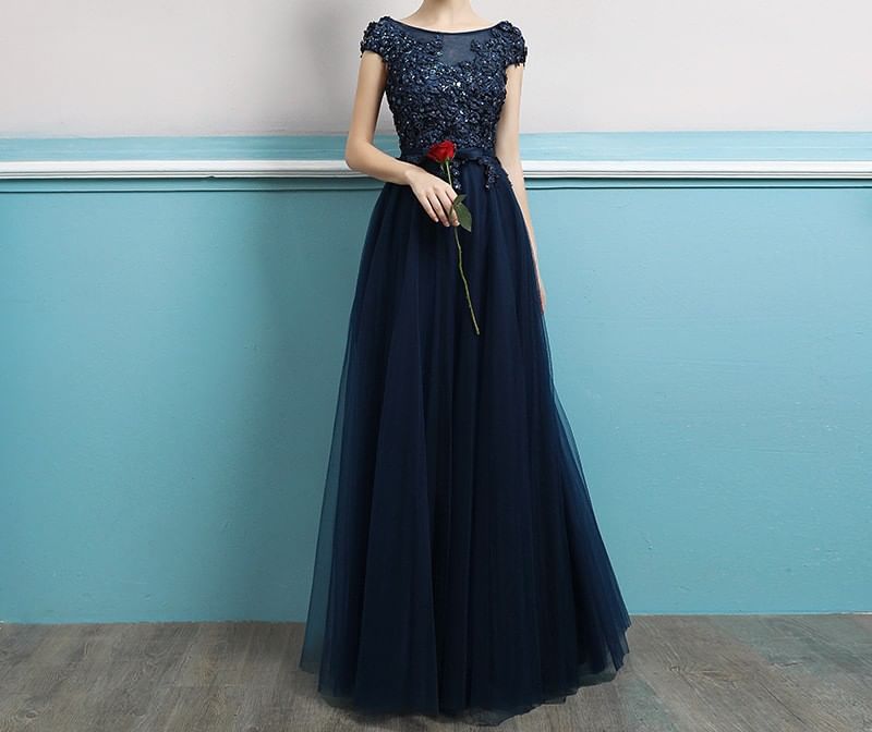 Short-Sleeve Sequin A-Line Evening Gown