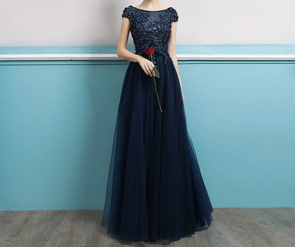 Short-Sleeve Sequin A-Line Evening Gown