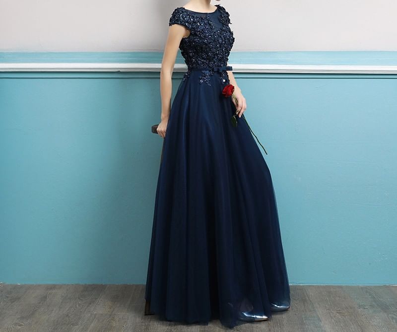 Short-Sleeve Sequin A-Line Evening Gown
