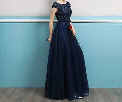 Short-Sleeve Sequin A-Line Evening Gown