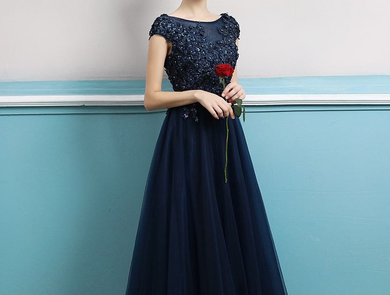 Short-Sleeve Sequin A-Line Evening Gown