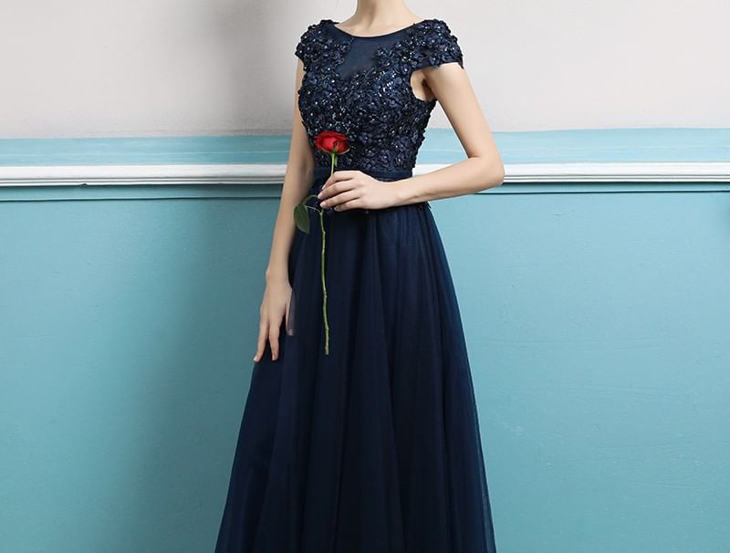Short-Sleeve Sequin A-Line Evening Gown