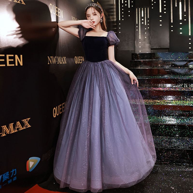 Short-Sleeve Square Neck Sheer A-Line Evening Ball Gown